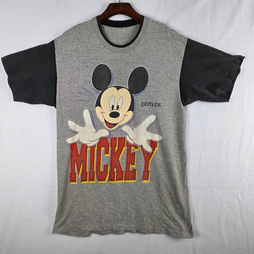 Disney Mickey Mouse Denver Vintage Style Colorblock Graphic T-Shirt Gray Mens L